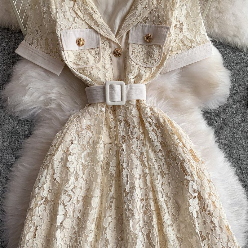 Abito da donna di alta classe, elegante, con colletto, a maniche corte, nuovo, con vita sottile e gonna lunga in pizzo._voghion.com