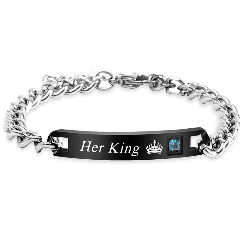 Bracciale alla moda hip-hop in acciaio al titanio per coppie, regalo di San Valentino, corona, cuore, zircone, incisione_voghion.com
