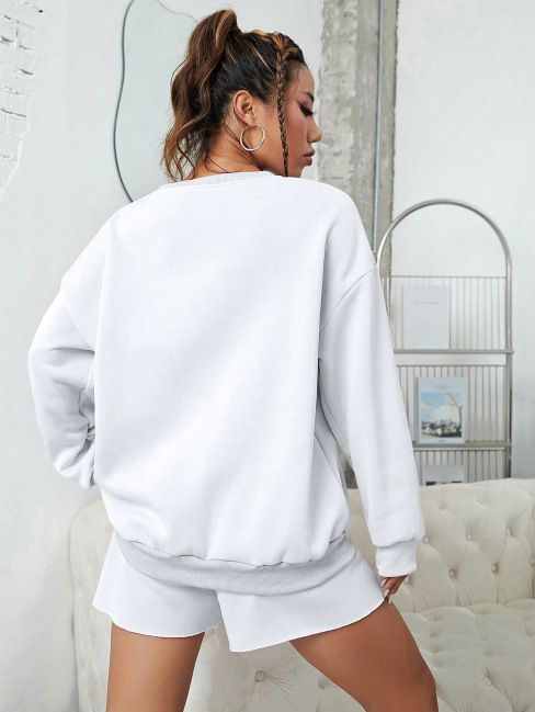 Felpa girocollo da donna, pantaloncini a maniche lunghe, tuta casual ampia, felpa con lettere e stampa a cuore, pantaloncini da tuta_voghion.com