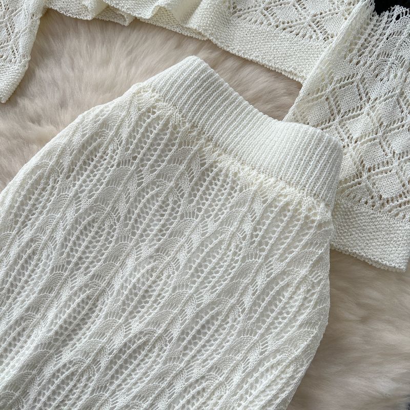 Women's Clothing Lazy Style Leisure Suit For Women High Grade Hollow Hook Flower Color Matching Knitted Top High Waist Skirt_voghion.com