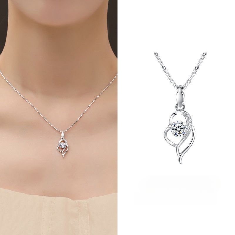 Pure Silver Necklace For Women New Heart-shaped Diamond Pendant Clavicle Chain Light Luxur Niche Design High-end_voghion.com