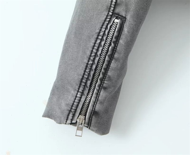 Giacca in similpelle vintage da donna – Cappotto oversize in PU con effetto slavato, stile biker streetwear con cerniera (grigio/verde militare/nero, S-L)_voghion.com