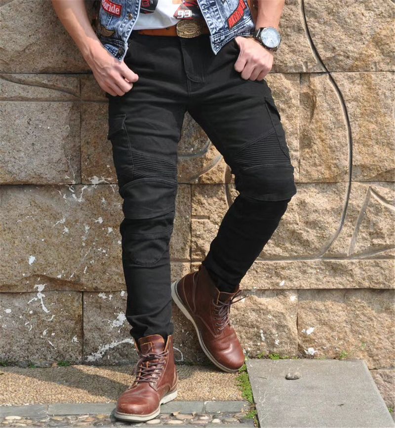 Jeans da motociclista certificati CE con protezioni per ginocchia e fianchi – Denim elasticizzato, resistente all'abrasione, traspirante per uomo (verde militare, nero, blu)_voghion.com