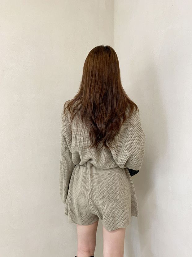 2024 Korean Chic Autumn Round Neck Drawstring Strap Waist Long Sleeve Knitted Wide Leg jumpsuit Shorts for Women_voghion.com