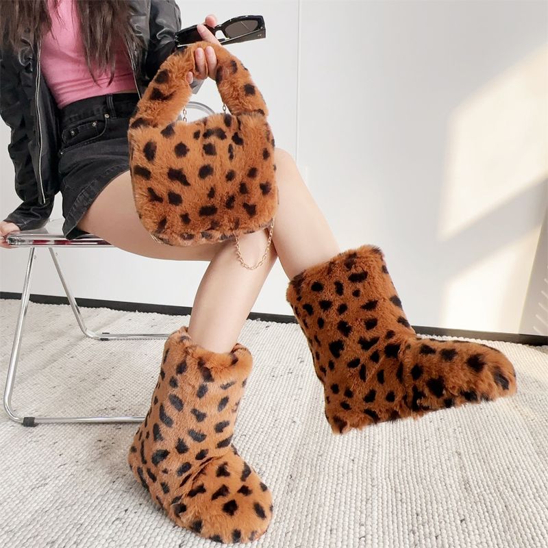 Faux Rabbit Fur Snow Boots For Women, Hot Girl Style Short Boots, Leopard Print Faux Fur Punk Y2k Trendy Cool Style Shoe And Bag Set_voghion.com