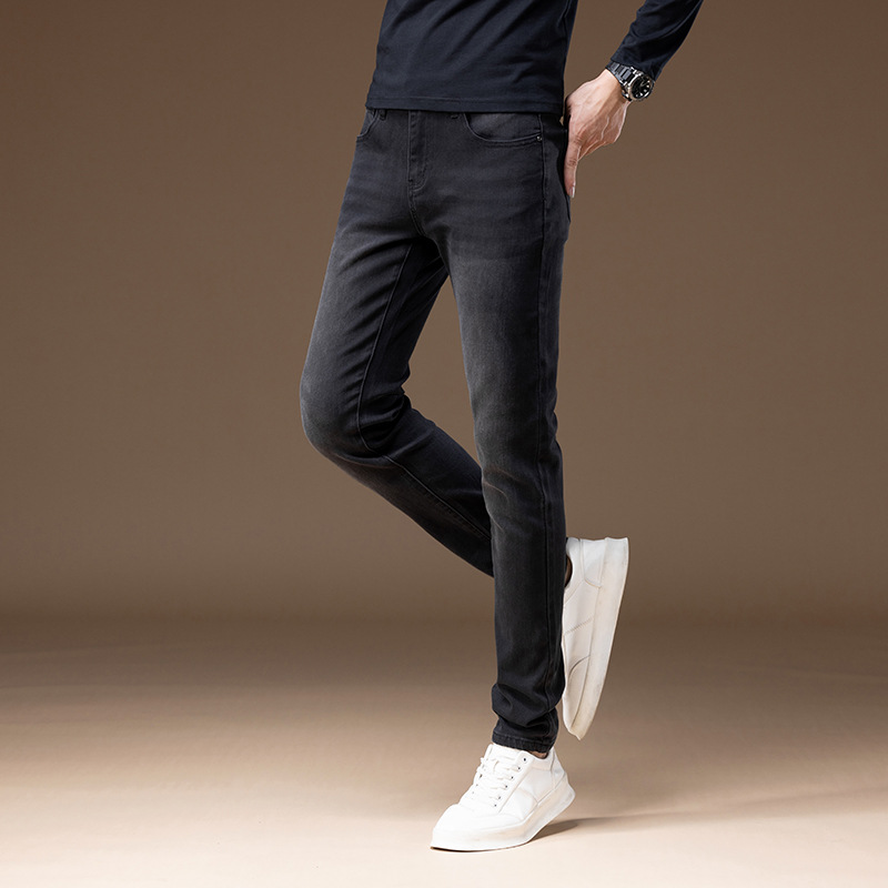 Autunno Inverno Foderato in pile Ispessito Premium Nero Grigio Semplice Denim Slim Fit Elasticizzato Versatile Leggero Lusso Piccolo_voghion.com