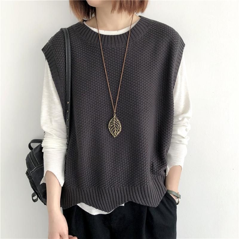 K Women's Knitted Vest; Pure Color, Loose, Round Neck, Irregular Pullover Short Cardigan._voghion.com