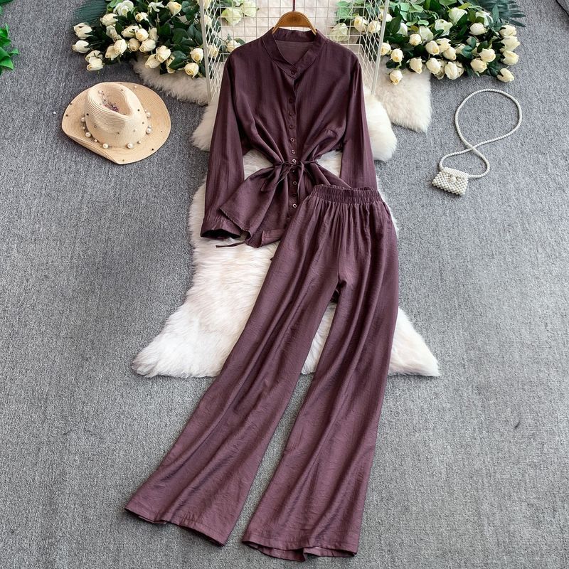 Conjunto de camisa grande chique estilo coreano com calças largas de cintura alta - Traje casual elegante para escritório (preto/rosa/cinza claro/branco)_voghion.com