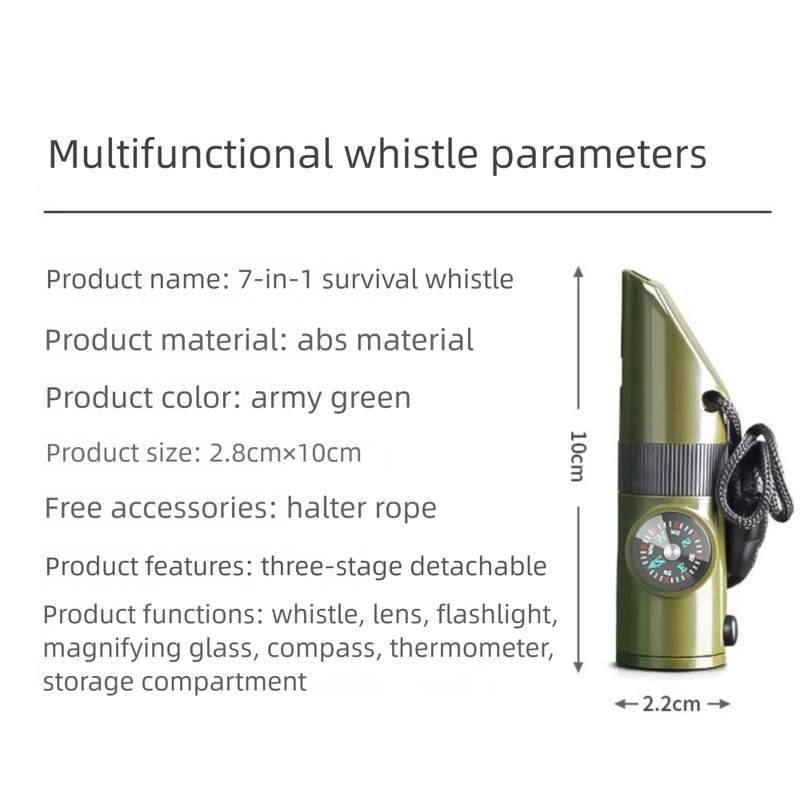 Outdoor Survival Gear 7-in-1 Whistle Multi-Function Portable Emergency Compass Magnifying Glass Flashlight Thermometer_voghion.com
