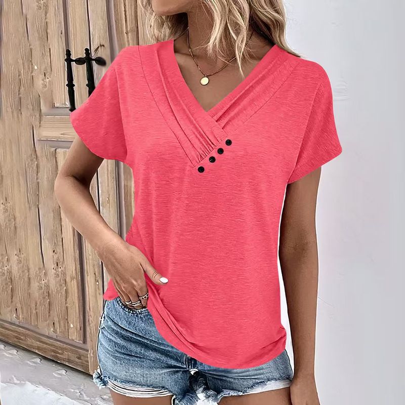 Step Into 2025 Summer Top Women's Solid Color V-neck Casual T-shirt Short Sleeve_voghion.com