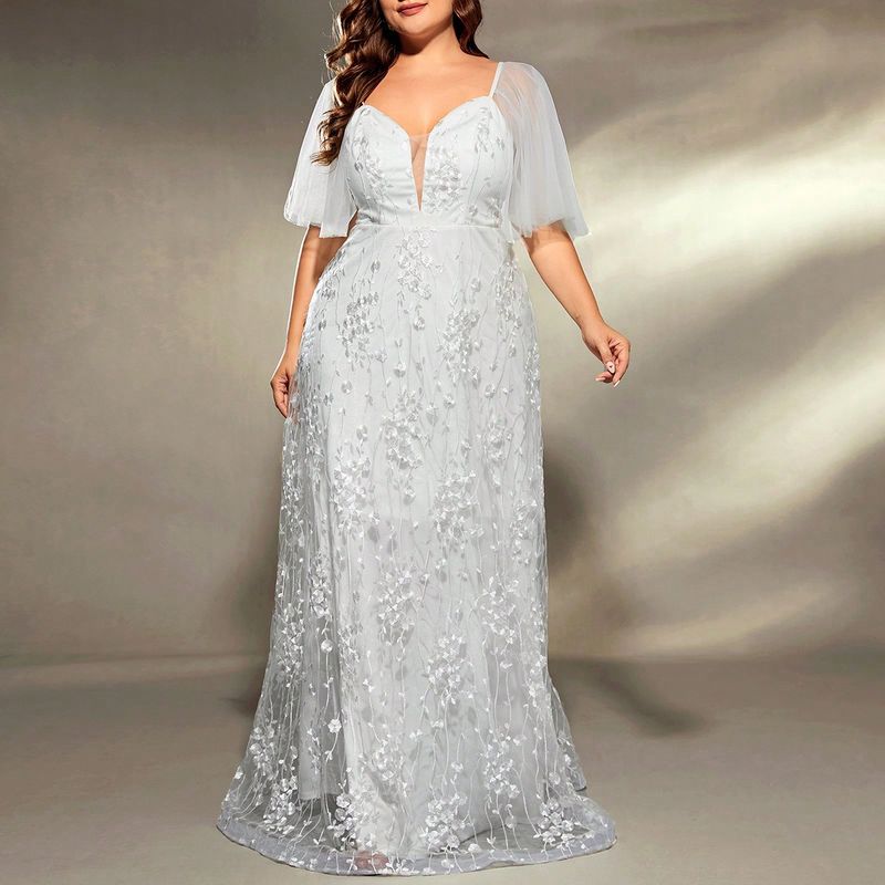 Elegantes langes Abendkleid für Damen mit Spitze und tiefem V-Ausschnitt – sexy Abendkleid für Partys, Brautjungfern, Abschlussbälle (weiß, Übergröße 0XL-4XL)_voghion.com