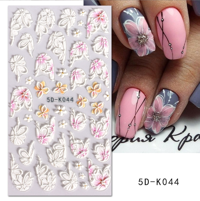 Classy Acrylic Flowers Engraved Nail Sticker Spring Pink Floral Leaf Design Adhesive Sliders Wedding Bride Manicure Decal JI5D-K_voghion.com