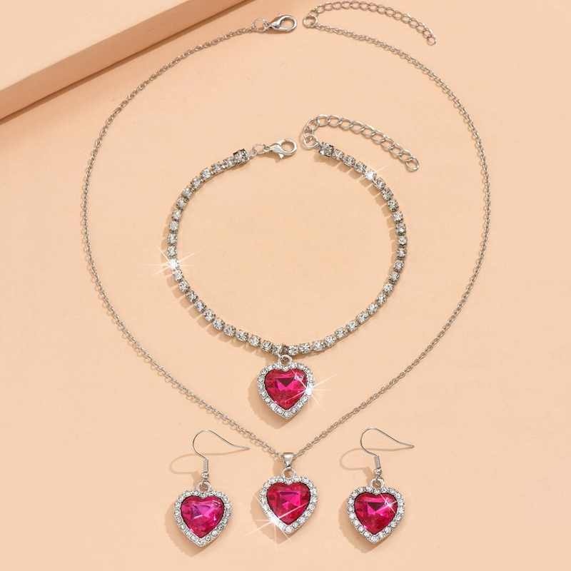 Mode und Luxus voller Strass Kristall Schmuck Set Ozean Herz 3 Stück Halskette Ohrringe Armband_voghion.com