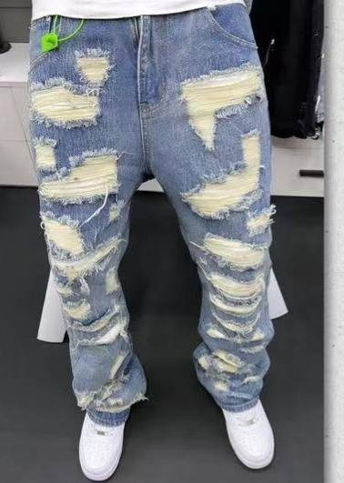 Men's Clothing Retro Heavy Industry Damage Erosion Patch Design Jeans High Street Hole Cleanfit Pants_voghion.com