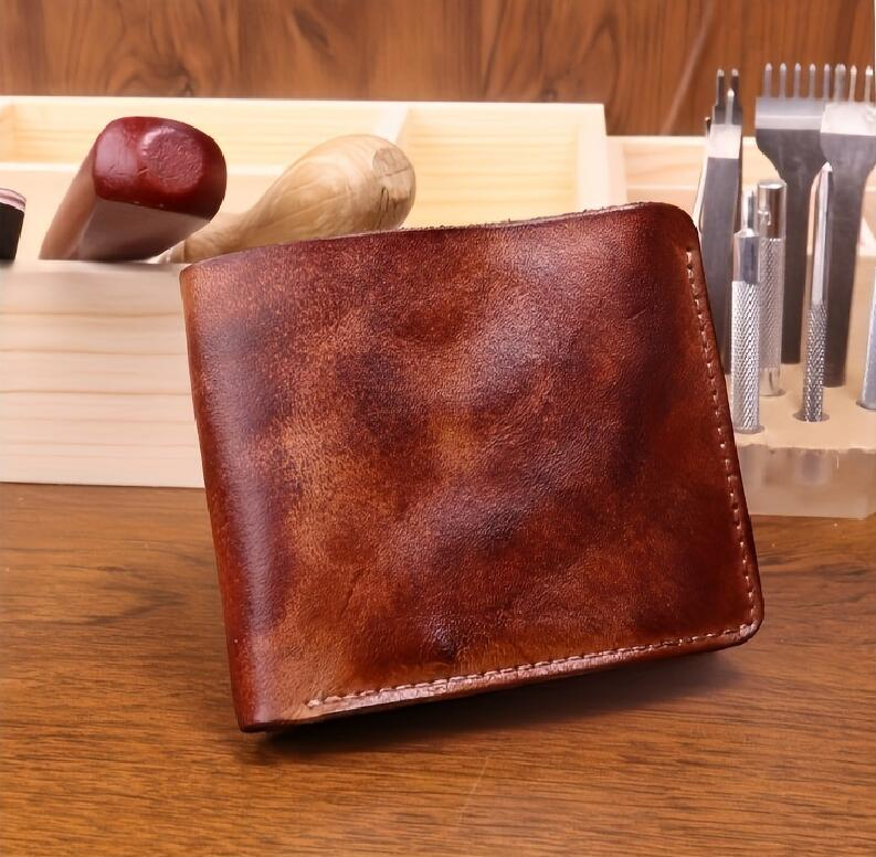 Leather Wallet With Vegetable Tanning, Vintage Hand-rubbed Color, Distressed Leather Wallet, Simple Student Wallet_voghion.com