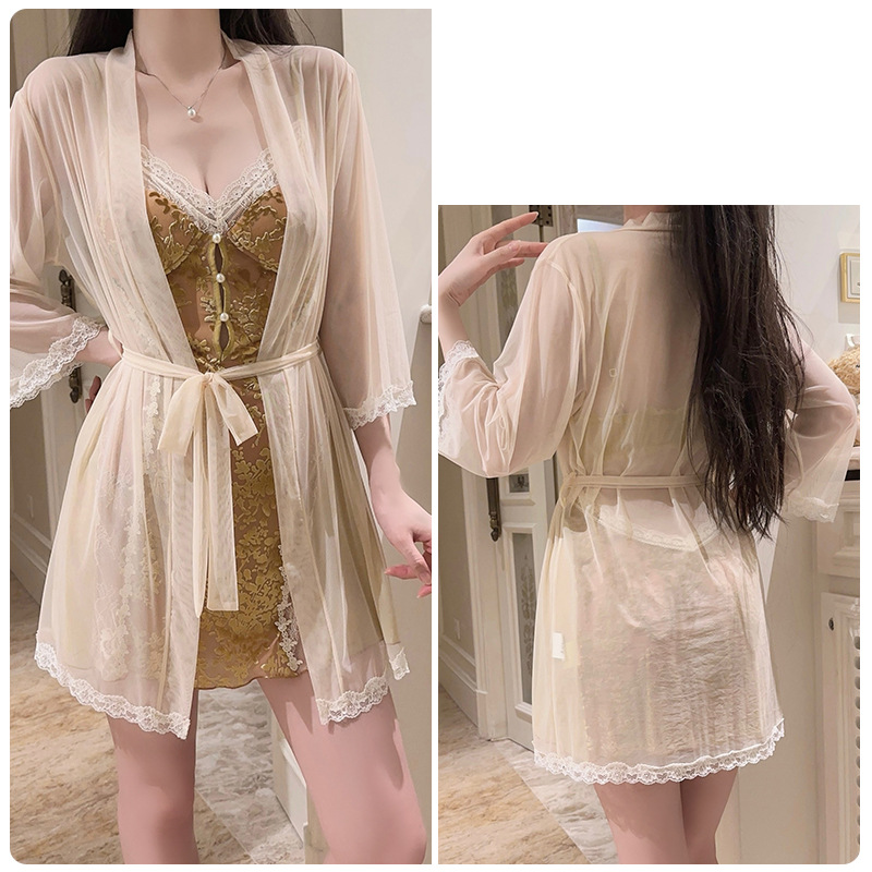 Unterwäsche & Nachtwäsche Luxuriöses Loungewear-Set aus Samt – transparentes Netzhemd mit gepolsterter Brust und passendem Bademantel, süße und sexy Nachtwäsche für Damen_voghion.com