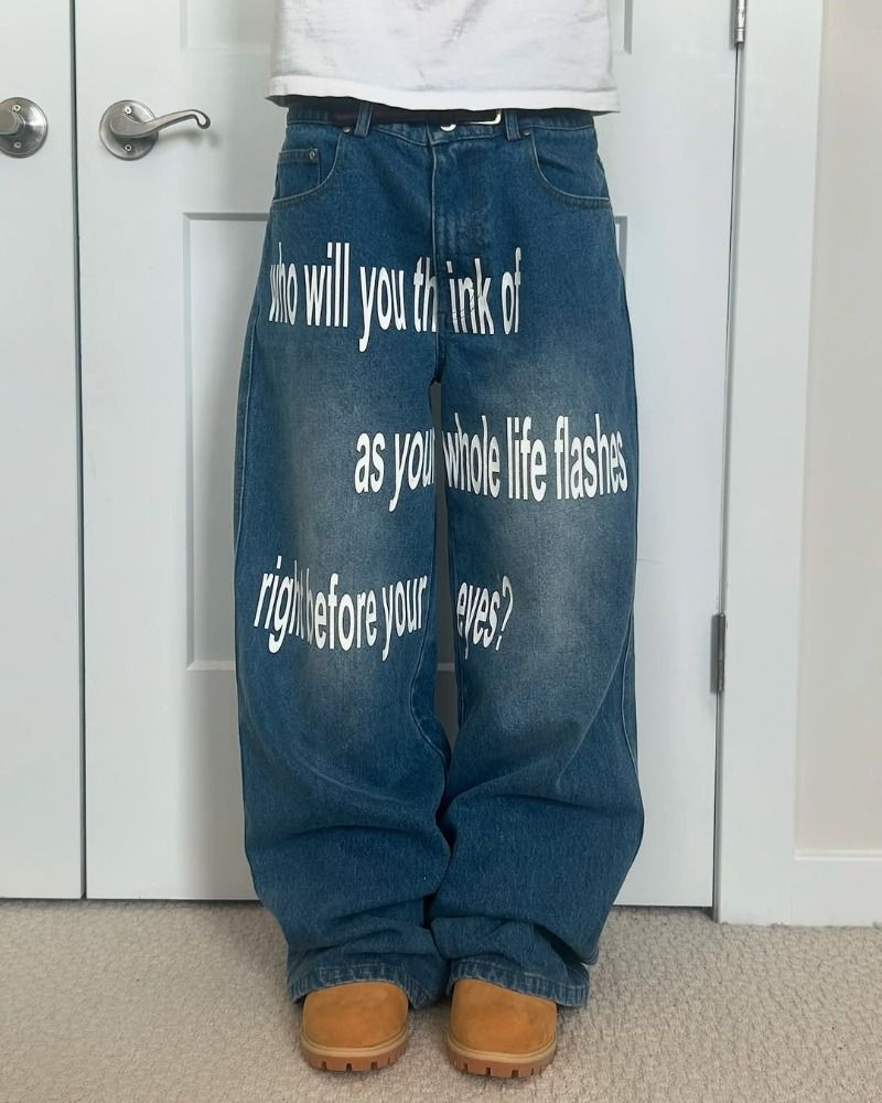 Streetwear Baggy Jeans für Herren – Übergroße High-Waist-Jeans mit Grafikprint (Hip-Hop-Style, Straight-Leg, Baumwolle, Blau/Schwarz)_voghion.com
