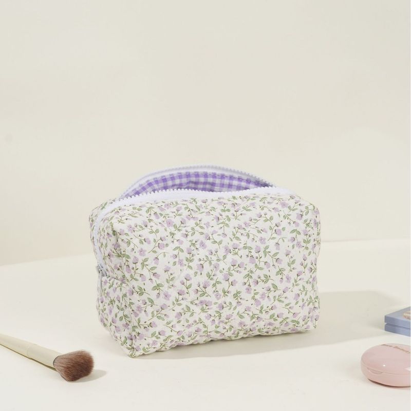 Floral Quilted Cosmetic Bag Large Capacity Cotton Storage Toiletry Bag Pencil Case Plaid Embroidery Ins Ladies_voghion.com