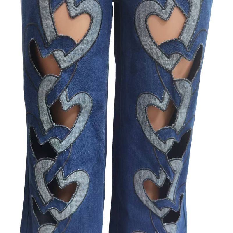Damenbekleidung Elastische Persönlichkeit Jeans Neue Hohlstickerei Liebe Gerade Hose_voghion.com
