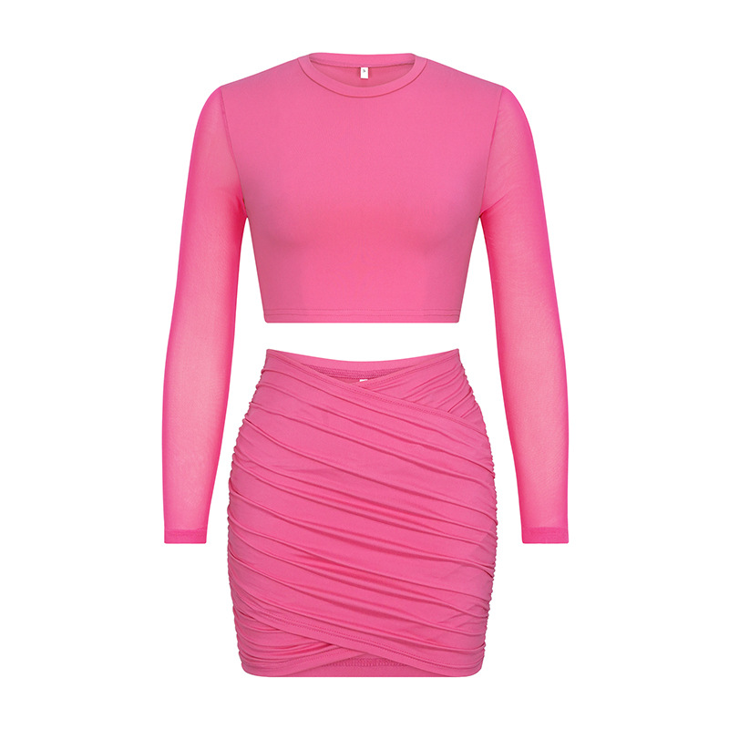 Women's long-sleeved patchwork mesh top pleated hip skirt casual two-piece set_voghion.com