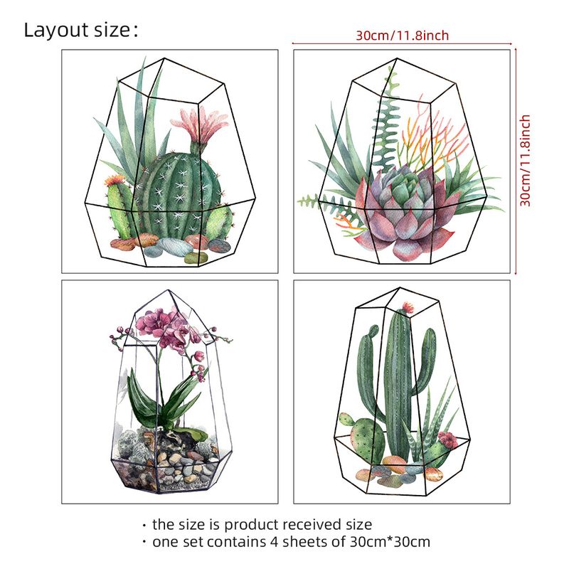 4pcs green plant cactus self-adhesive PVC CH81394 cage flower living wall sticker_voghion.com