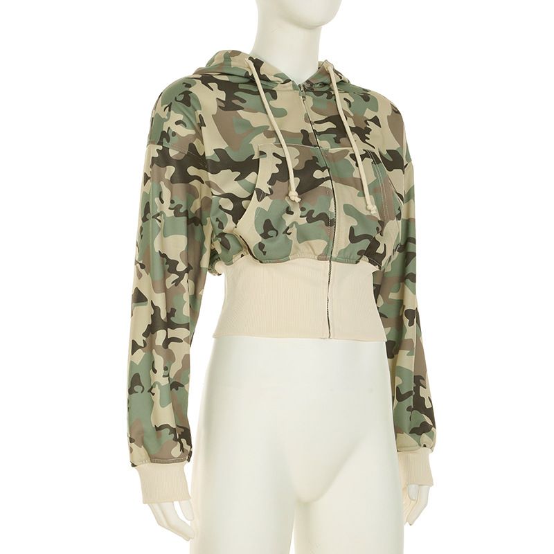 Women's Casual Style Contrast Color Waist Hooded Long Sleeve Sweatshirt Sweatpants Two-piece Camouflage Cardigan Jacket Pants Suit_voghion.com
