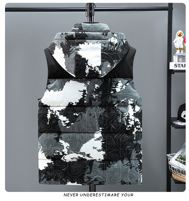 Herrenbekleidung Winterweste Jacke - Übergroßer, wattierter, ärmelloser Mantel mit Kapuze, Camouflage-Print, Reißverschluss vorne, warmes Fleecefutter für lässiges Outfit_voghion.com