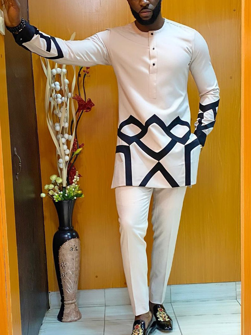 Kaftan Elegant Afrikansk Sett 2-delt Antrekk Langermede Etniske Topper og Bukser Full Herredress Bryllup Herreklær_voghion.com