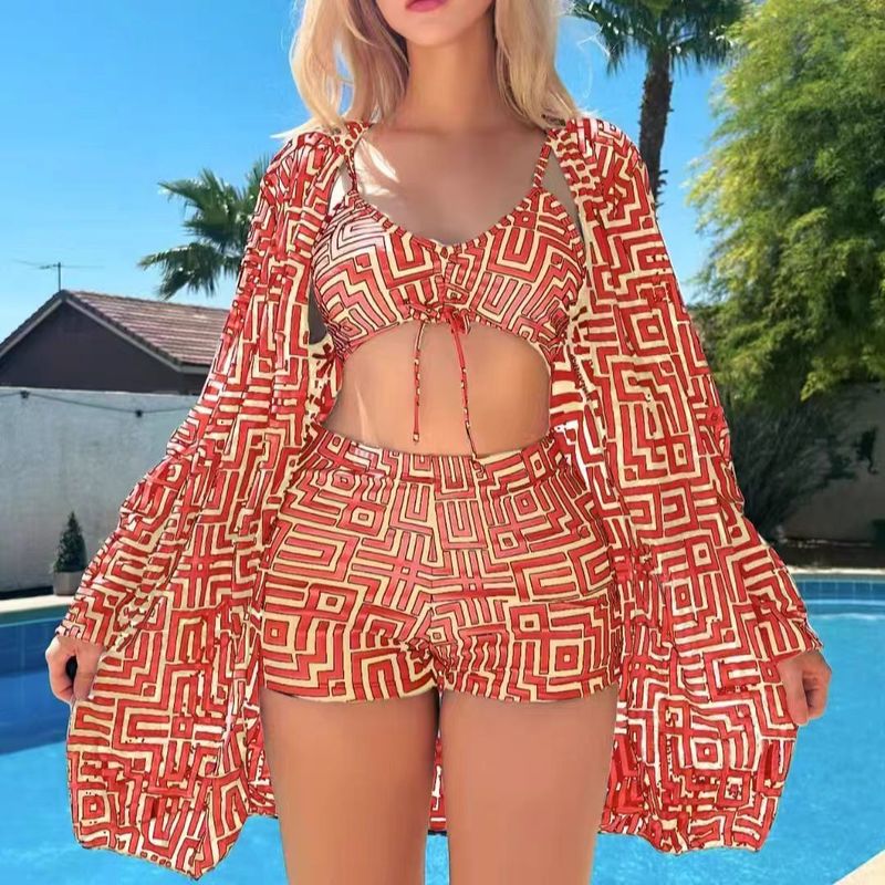 New Women's Two-Piece Swimsuit With Gathered Ruched Top And High-Waisted Swim Shorts Three-Piece Set_voghion.com