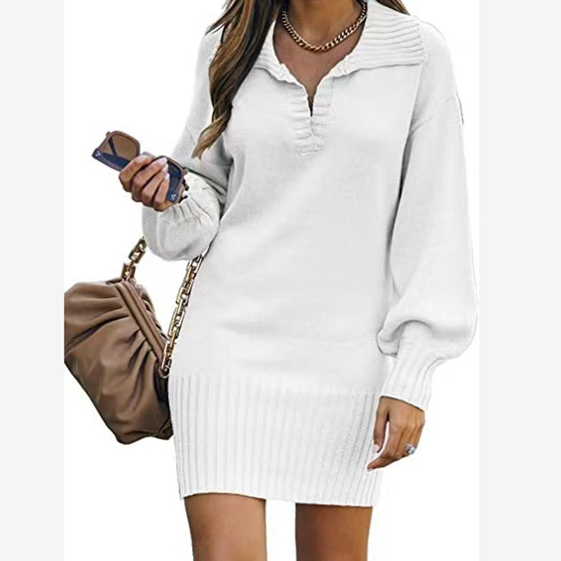 Robe pull à col à revers pour femmes, manches lanternes, tricotée, couleur unie, longue robe_voghion.com