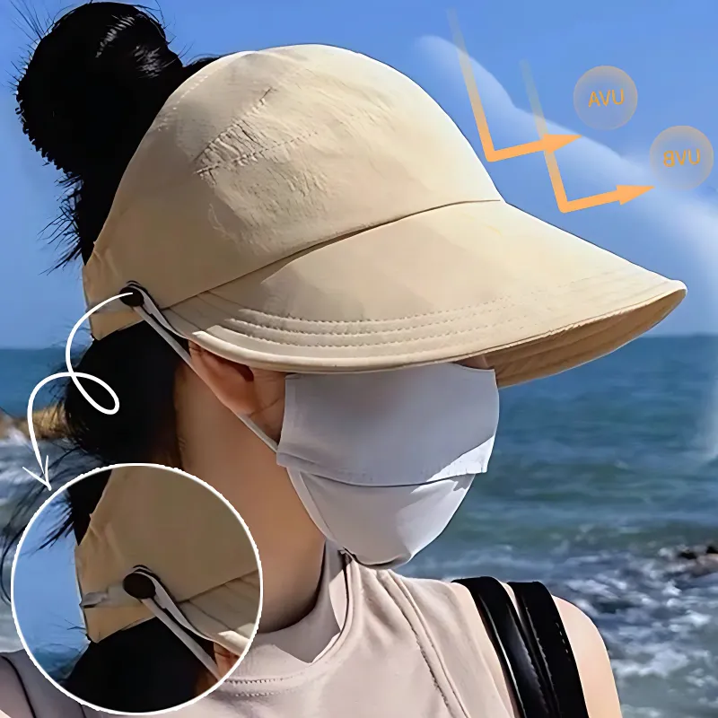 Fashion Korean Women Empty Top Foldable Wide Brim Sun Protection Hats Summer Visor Fisherman Face Mask Hook Hat Ponytail Cap_voghion.com