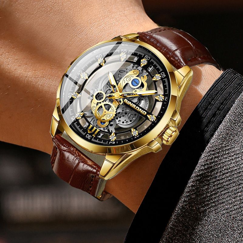 Orologio da polso al quarzo da uomo, stile business, con design scheletrato, impermeabile, luminoso, con cinturino in pelle._voghion.com