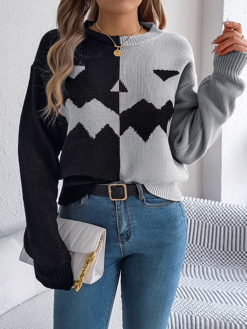 Autumn Winter Halloween Ghost Pumpkin Color-Block Long Sleeve Pullover Sweater Women's Fashion_voghion.com