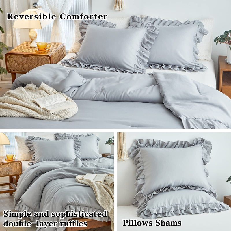 Light Gray Duvet Cover Set With Ruffled Edge - Polyester Quilted Bedding Set Includes Comforter & Pillowcases - Fluffy Cloud-Like Home Textiles_voghion.com