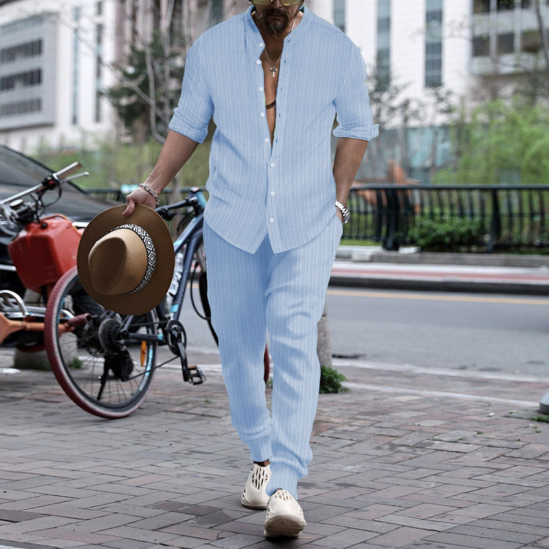Fall Casual Mens Two Piece Sets Long Sleeve Button Stand Collar Shirts And Pants Outfits Suits Men Vintage Striped Printed Sets_voghion.com