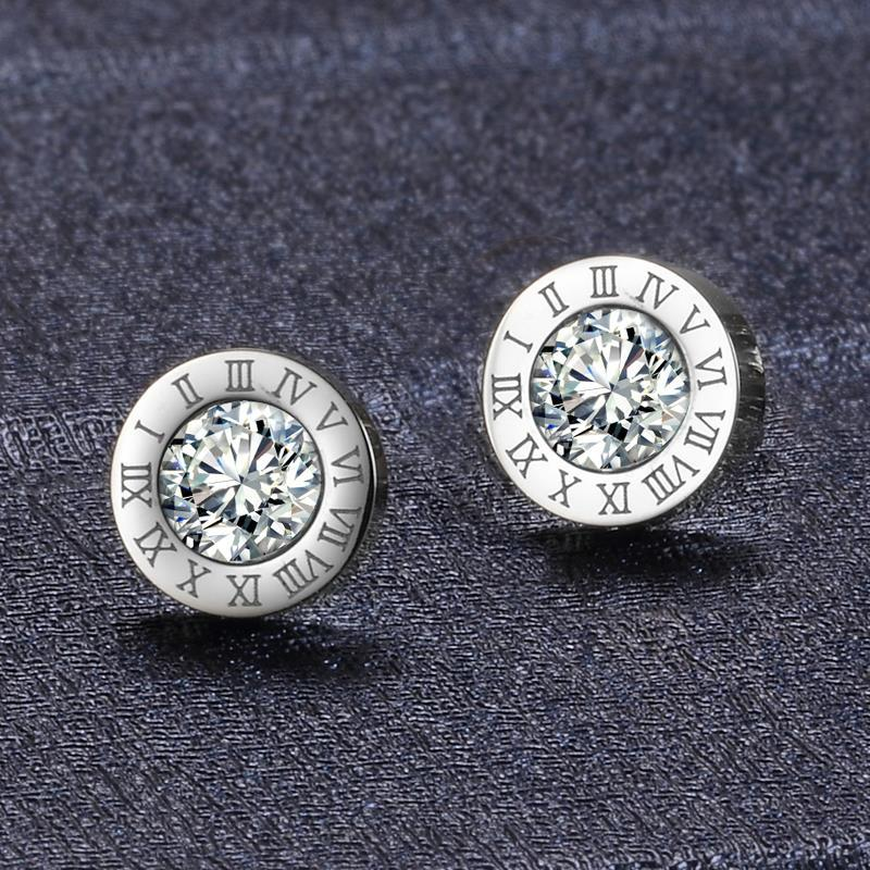 Klassische trendige Zirkonia römische Ziffern Doppelkreis Ohrstecker Titan Stahl Roségold Hochzeit Ohrring Schmuck_voghion.com