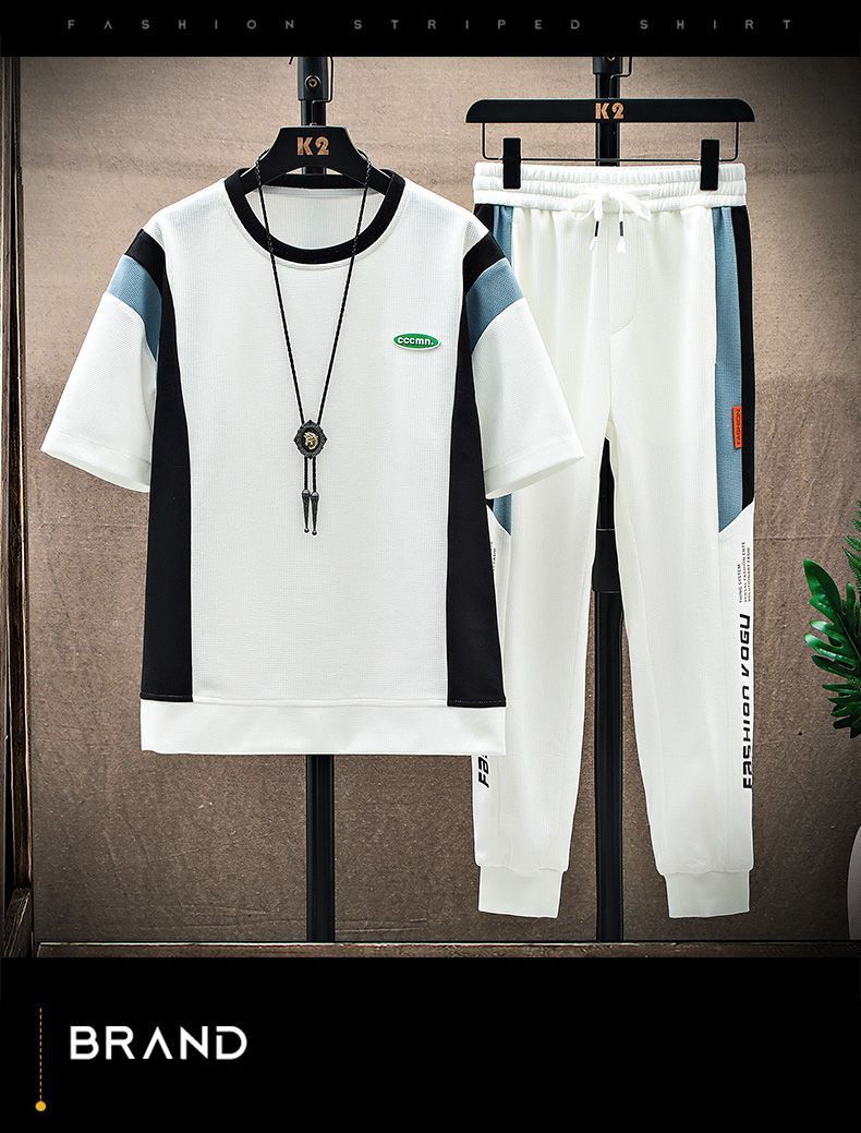 Herrenbekleidung Casual Sportanzug Set Waffel Kurzarm Trend T-Shirt Sets_voghion.com