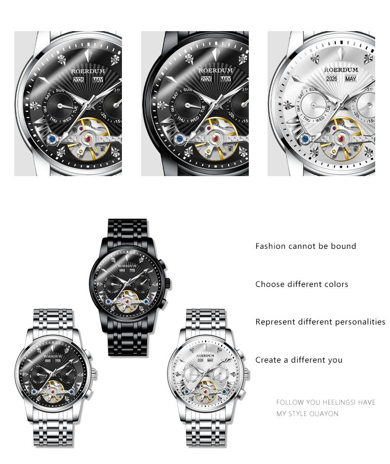 ROERDUM Apocalypse Knights Series – Dual-Color Luminous Hands, Black Dial, Stylish Men's Mechanical Wristwatch_voghion.com