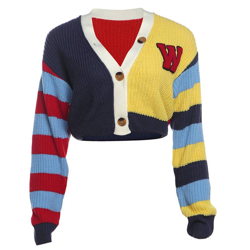 Damski, swobodny, kolorowy sweter z dzianiny z literami i guzikami, krótki rękaw, długi rękaw, modny top w stylu streetwear_voghion.com