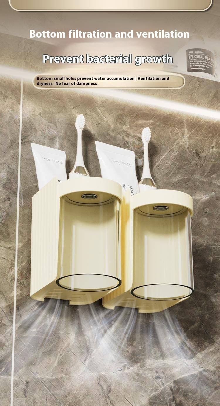 Wandgemonteerde tandenborstelhouder met beker – Badkamerorganizer zonder boren (ruimtebesparende 2-in-1 tandheelkundige set, wit & crème)_voghion.com