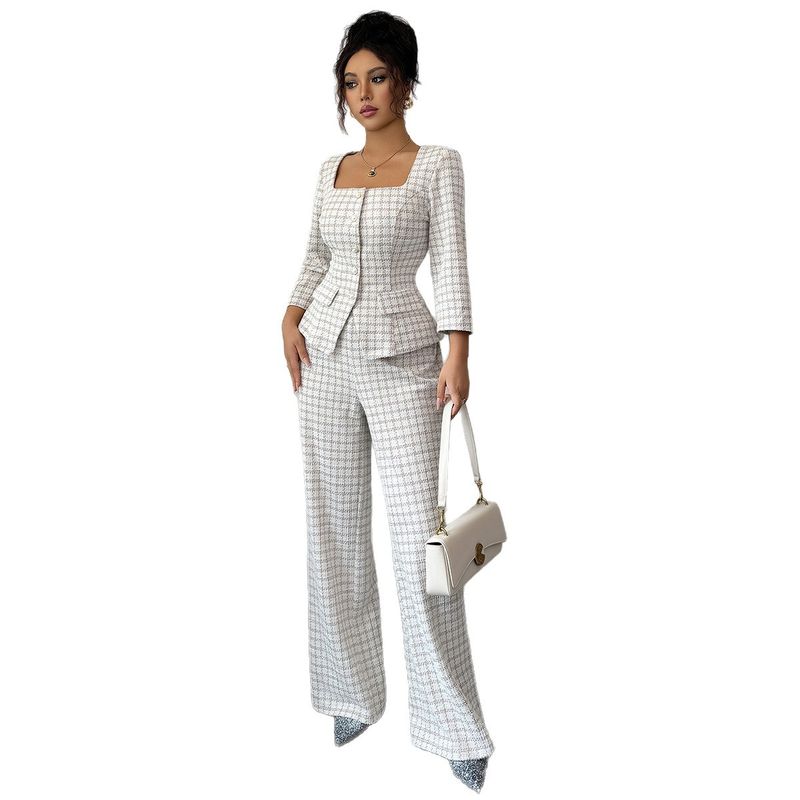 Elegant Houndstooth Blouse & Trousers Set – Stretch Polyester-Spandex Office-to-Cocktail Outfit (S-XL, Beige)_voghion.com