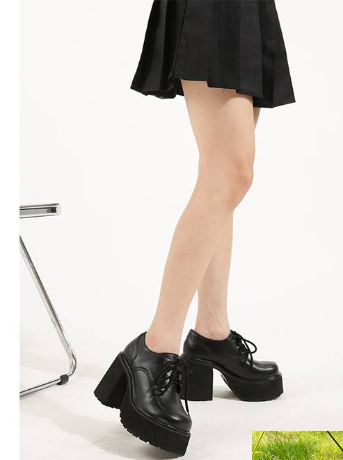 Black Leather Shoes 2024 New Waterproof Table Muffin Single Shoes Lace-up Round Head Thick Heel Platform Loafers_voghion.com