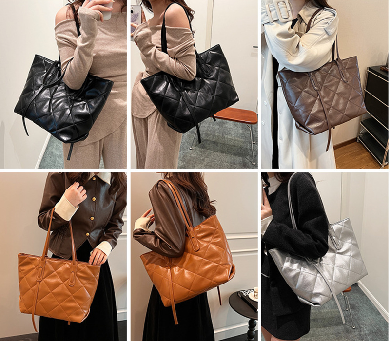 Large Capacity Bag, Versatile For Women In 2023, New Trend This Year, Solid Color Diamond Grid Shoulder Bag, Textured Commuting Tote Bag_voghion.com