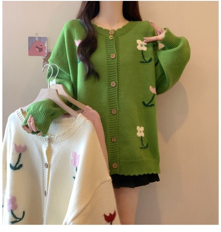 Cardigan brodé oversize – Pull ample en maille fleurie (vert/rose/crème, taille unique)_voghion.com