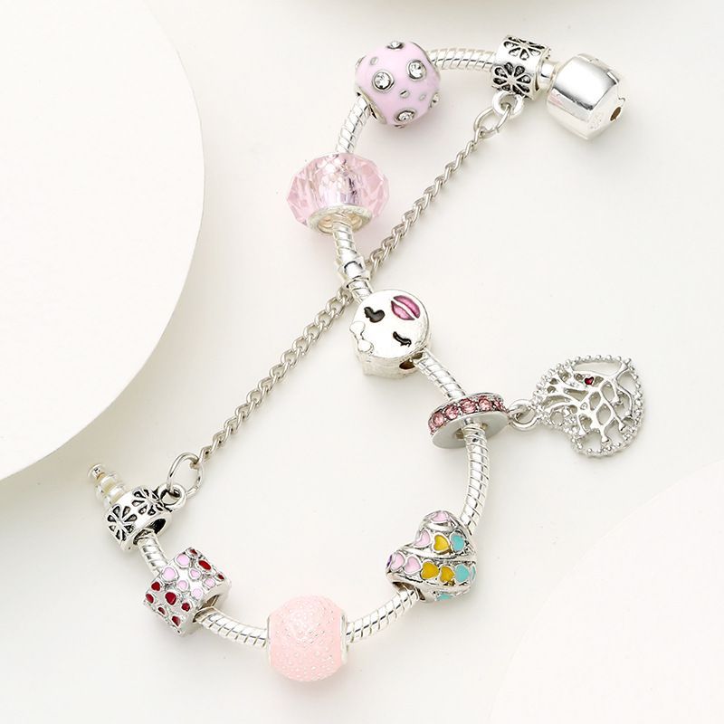 Pulseiras de charme da moda estilo faça você mesmo, pulseira de liga de árvore do amor rosa com contas de furo grande_voghion.com