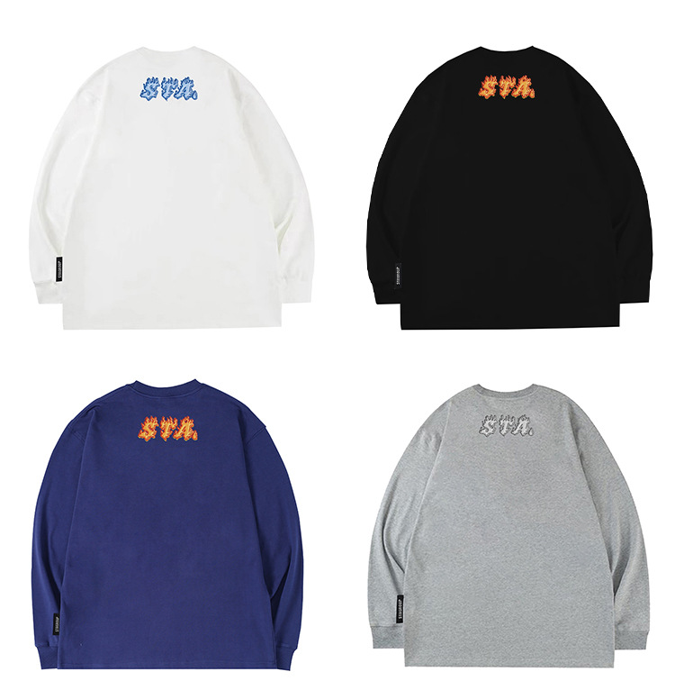 Herrenbekleidung Hipster Flame Letters Langarm T-Shirt Herren Retro High Street schwere Baumwolle Paar Top_voghion.com