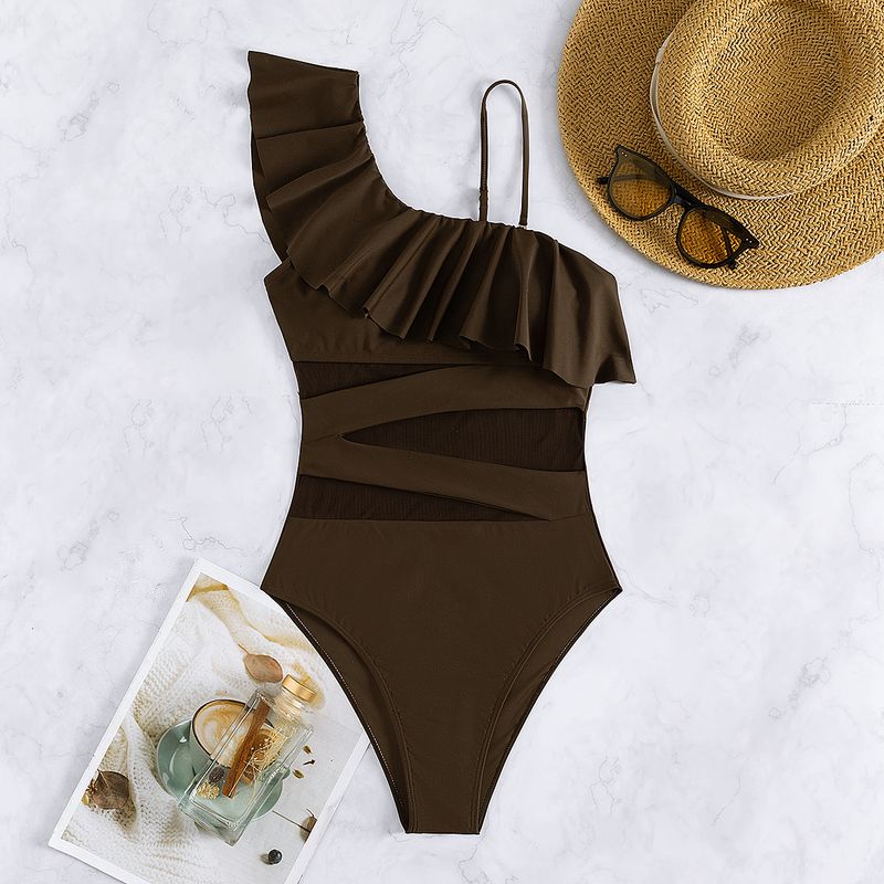 2025 nou, lemn multicolor, marginea urechii, plasă cu un umăr, costum de baie sexy dintr-o singură bucată, bikini pentru comerț exterior european și american_voghion.com