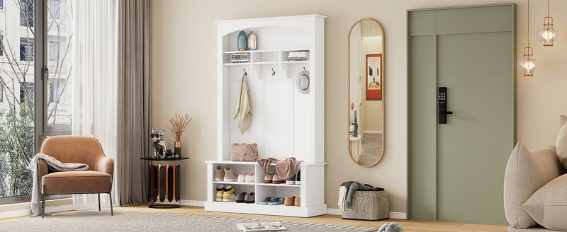 Garderoben-Set Mit Bank Und Schuhablage, 3 Haken, Stauraum, H190xB120xT40 Cm, Weiß_voghion.com