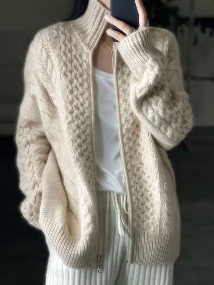 Damenbekleidung Schwerer, verdickter Rollkragenpullover mit Reißverschluss und gedrehtem Kaschmir-Cardigan für Damen Weicher, lockerer, kurzer Pullover aus Wolle_voghion.com