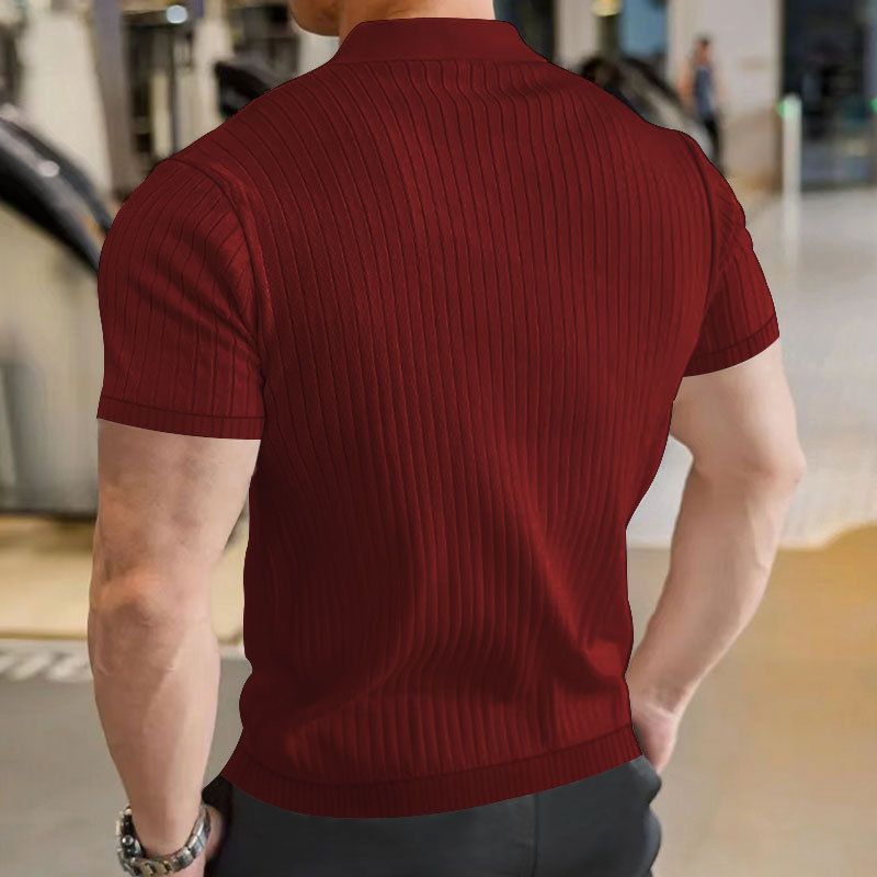 24 men's solid color short sleeved summer casual vertical stripe polo versatile temperament buckle T-shirt_voghion.com
